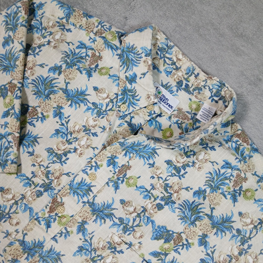 VTG Reyn Spooner Hawaiian Shirt Mens L Beige Floral Pineapple Cotton Blend